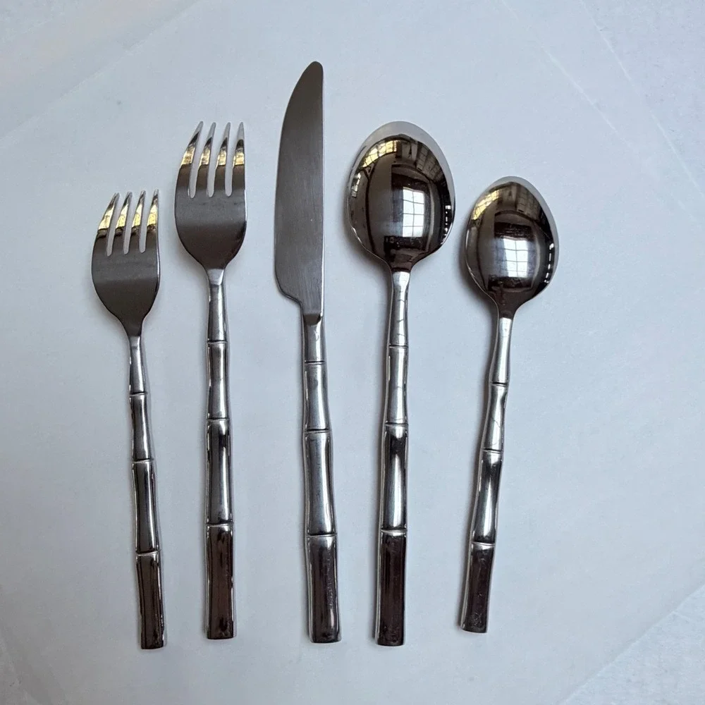 5 Piece Bamboo Handle Stainless Steel Flatware Set Silver Mirror Finish Service